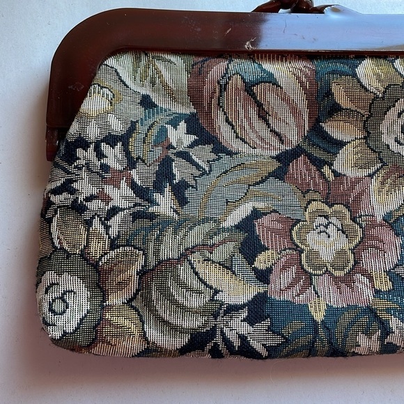 VTG Cottagecore Clutch Woven Jacquard Tapestry Purse Floral Mauve Bag Kiss 90s - Picture 4 of 14